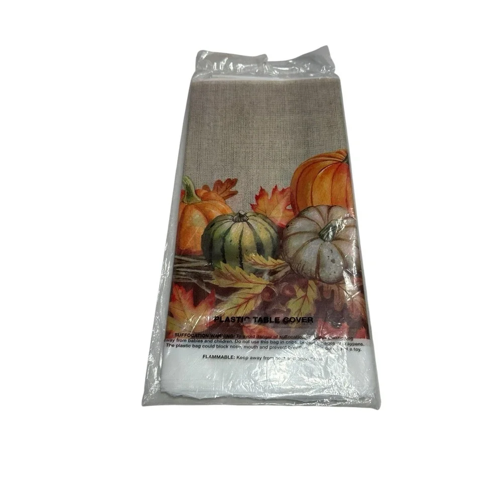 1 plastic table cover fall pumpkins border print rectangle 54x108 inches
